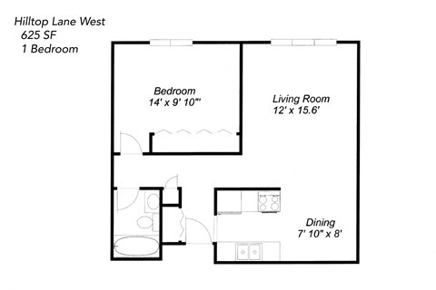 Floor plan for 1 bed, 1 bath, 620 sqft